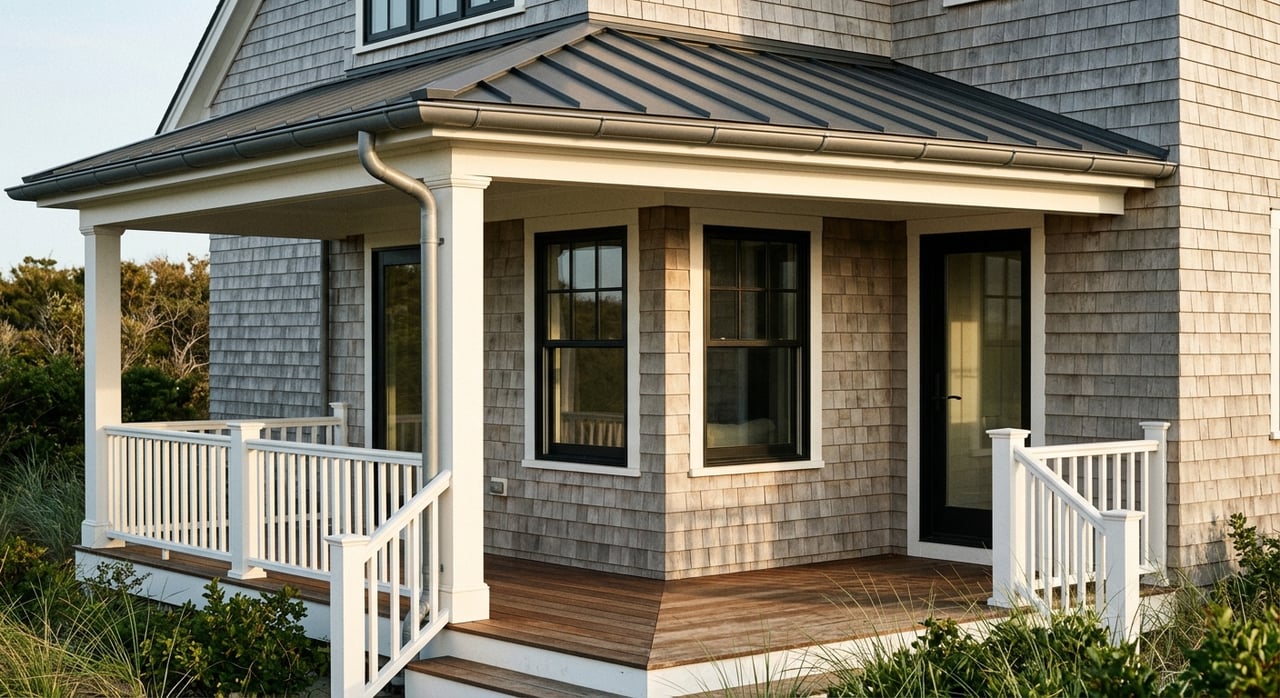 Matte-black glass entry door and window set in weathered cedar shingles beneath a covered porch.