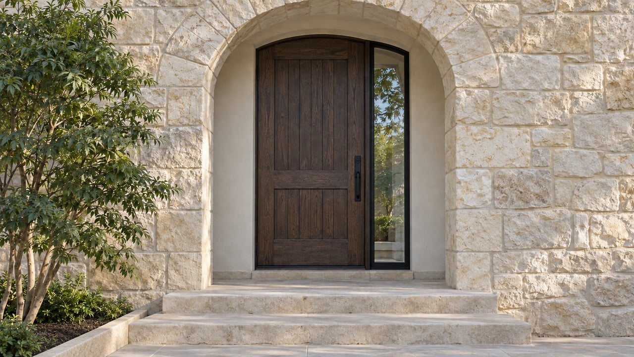 Limestone entry with an oak door, glazed sidelight, steps, and a soil bed edged by a low stone curb.