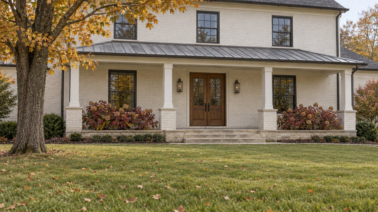 A white-painted brick home with an oak double-door entry and limestone porch beyond a deep autumn lawn, framed by a mature maple.