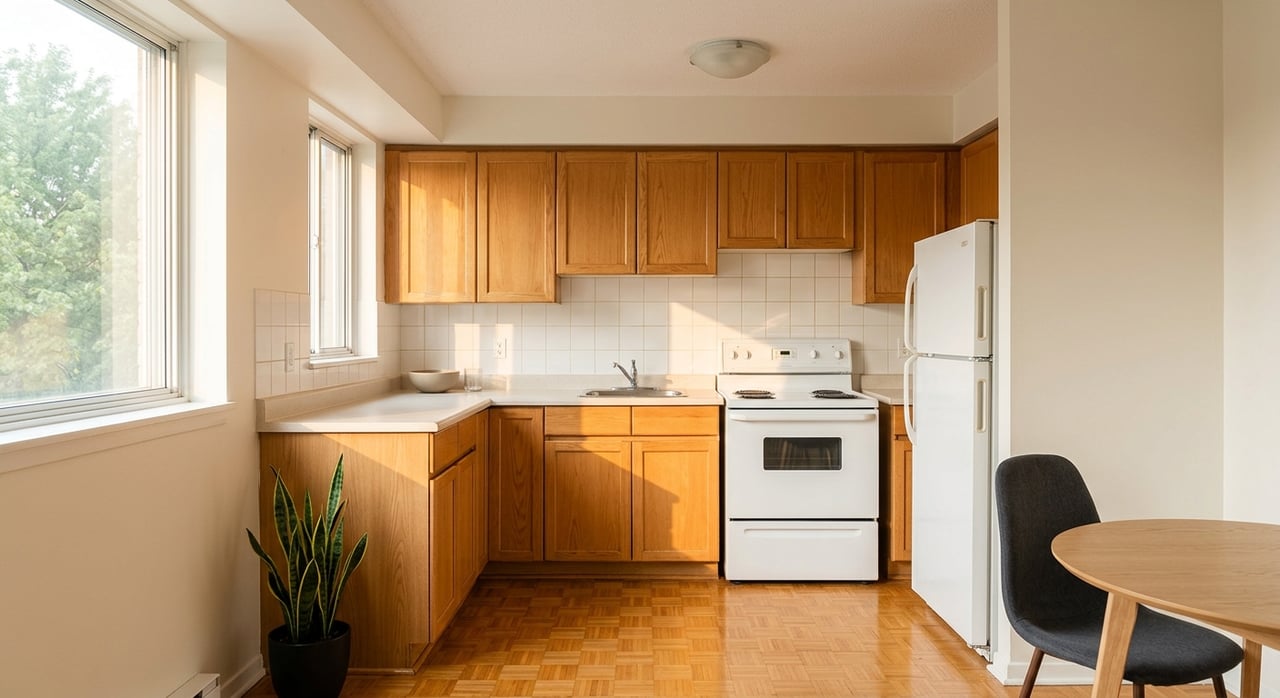 Compact kitchen with honey-toned oak cabinets, white tile backsplash, and a potted snake plant by the window.
