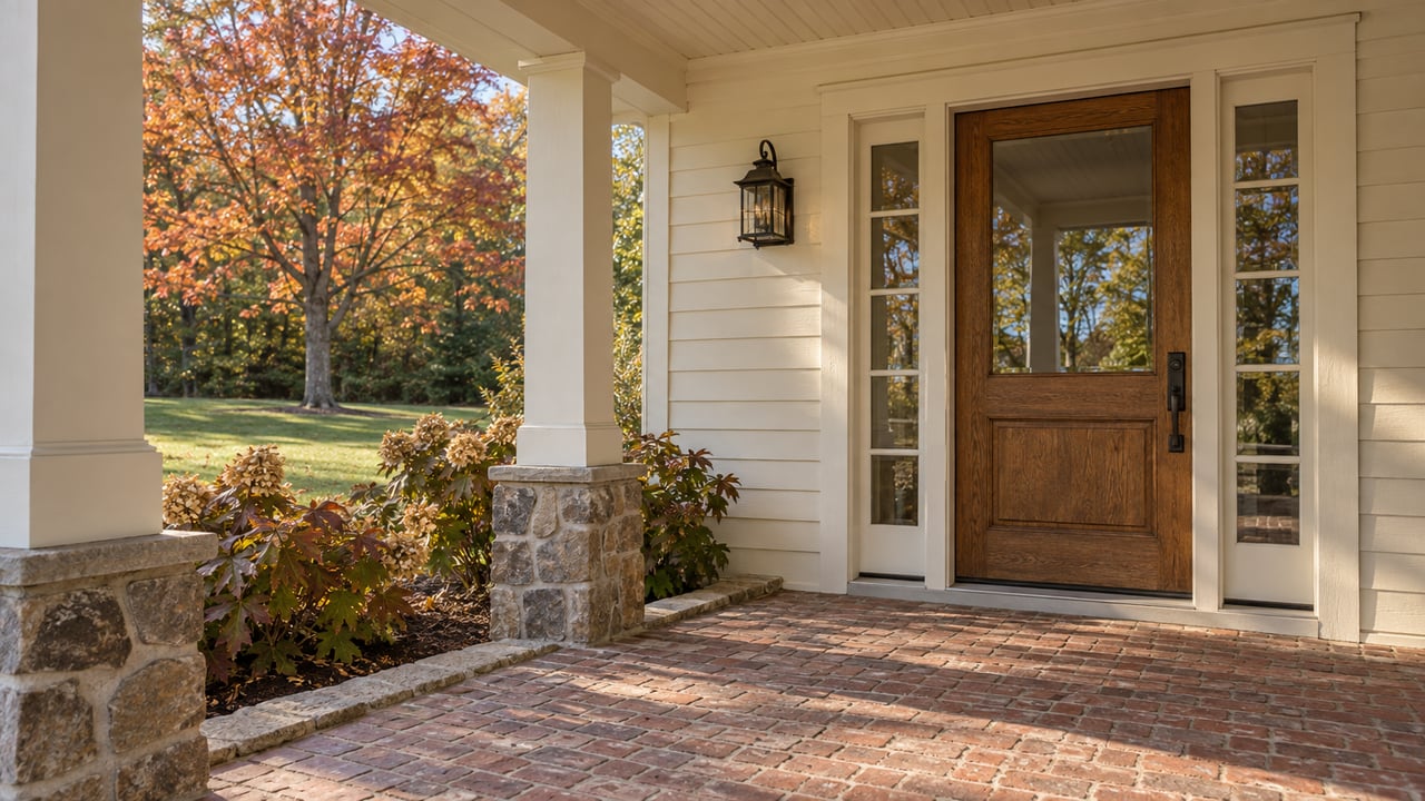 Covered brick porch with an oak glazed entry door, ivory wood siding, fieldstone post bases and autumn oakleaf hydrangeas.