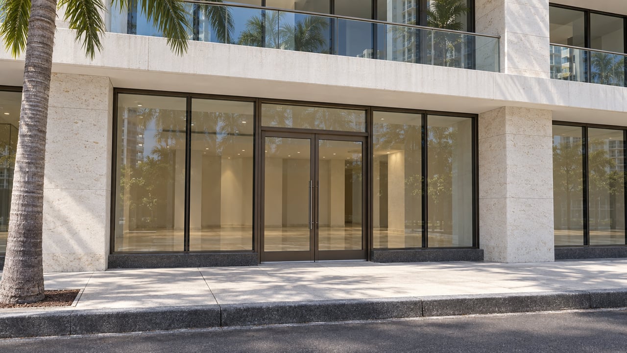 High-rise storefront with closed glass double doors, white balconies above, and a palm tree at the sidewalk.