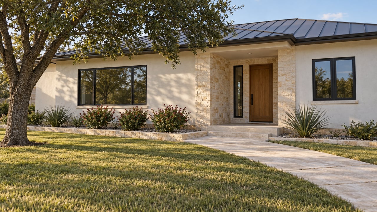 An ivory stucco home with limestone entry walls, black-framed windows and a broad front lawn beneath a mature spreading oak.