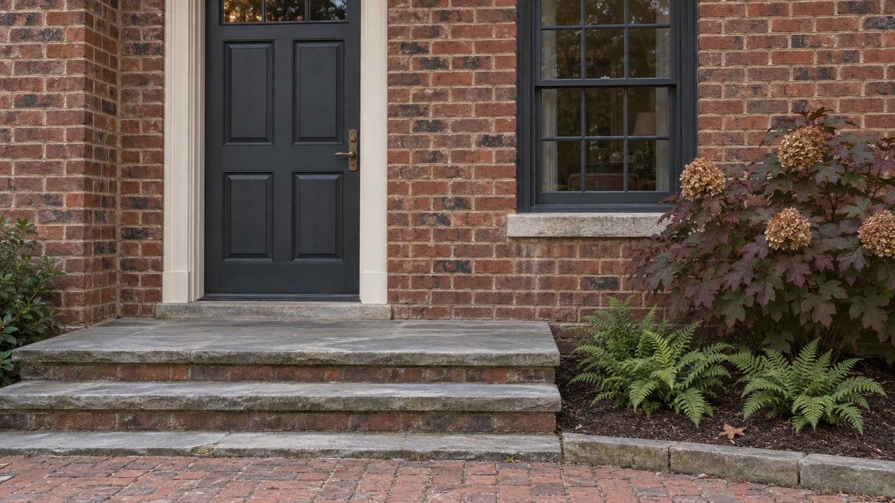 Brick home entrance with a charcoal door, multi-pane window, sandstone steps, and burgundy oakleaf hydrangea.