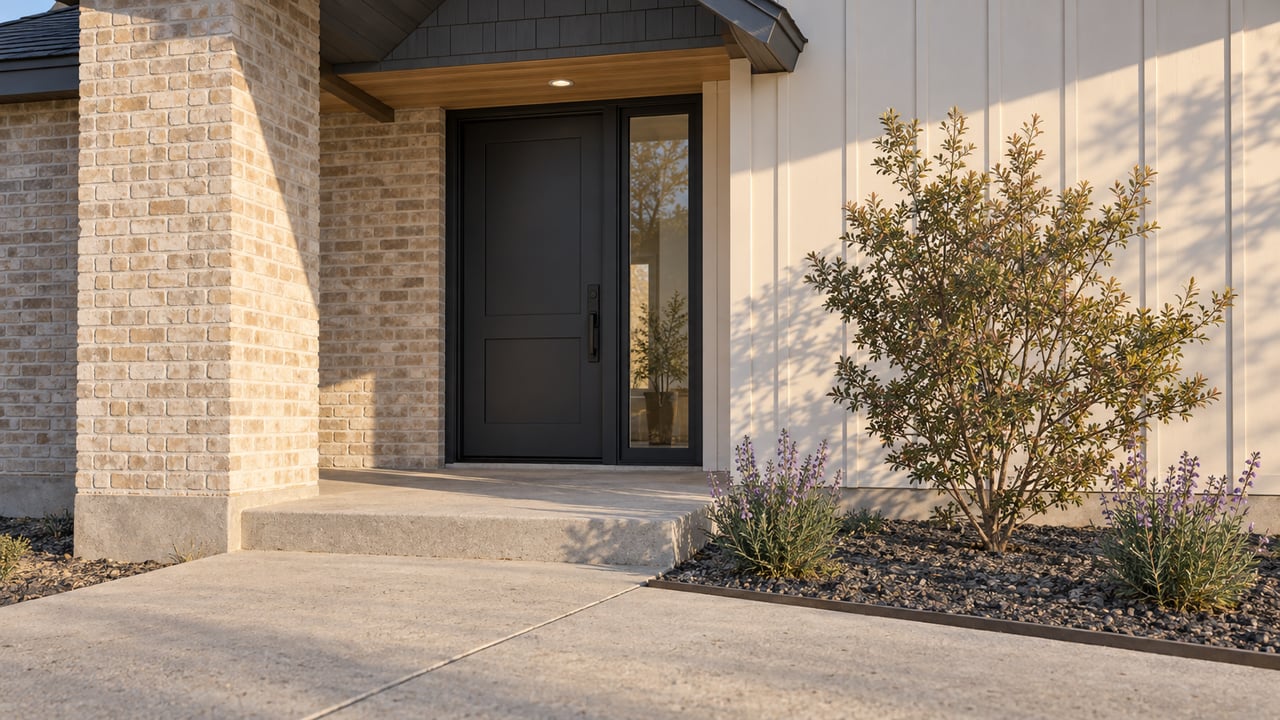 Buff brick porch pier beside a black-framed front door, concrete step, and young shrubs.