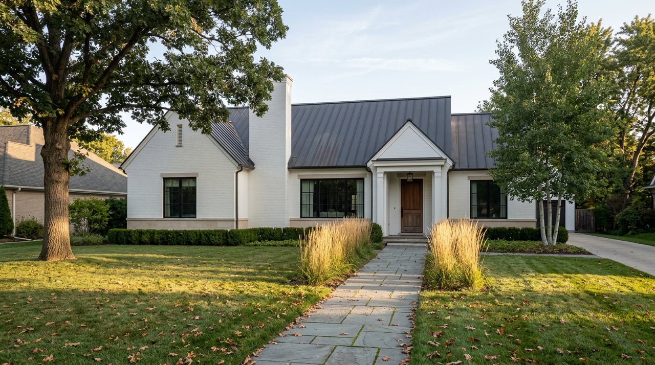 White-brick home with charcoal roof, leaf-strewn lawn, stone walkway, and spreading oak tree.