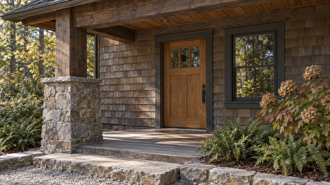 A shaded wood-and-stone porch with a closed oak door, weathered cedar shingles, and autumn oakleaf hydrangea beside the stone step.