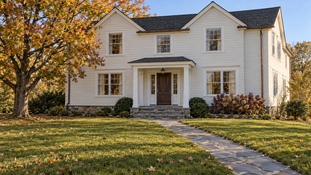 Ivory clapboard home with pitched gables, bluestone entry steps and an amber sugar maple beside a deep autumn lawn.