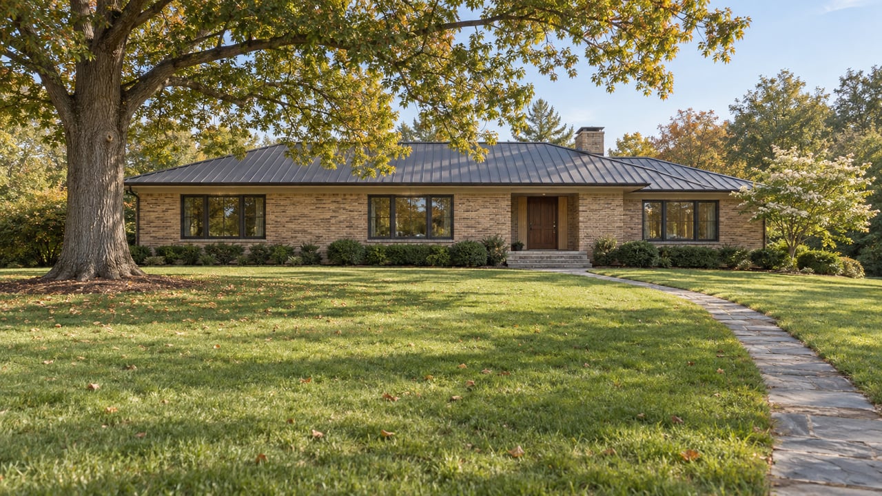 A broad buff-brick ranch sits beyond a sloping lawn, with a bluestone path and mature oak.