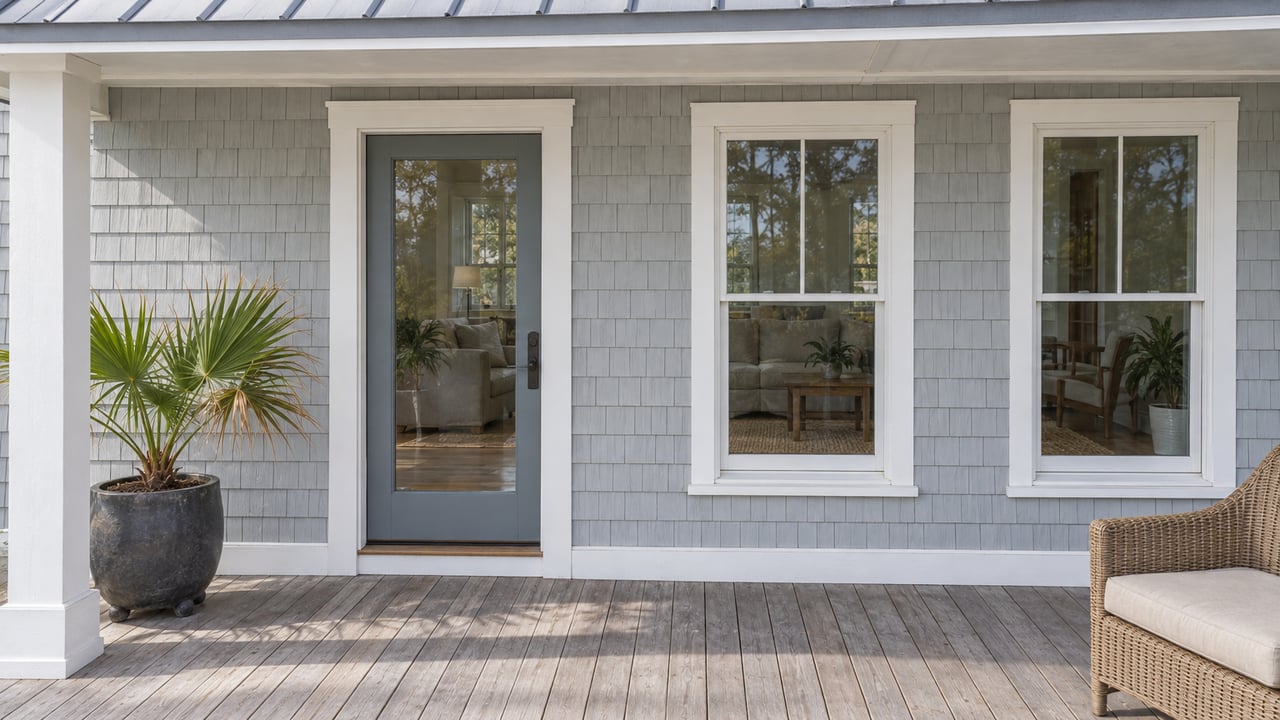 Pale-gray shingle home with a sheltered upper porch, white-trimmed windows, silvered decking and a woven chair.