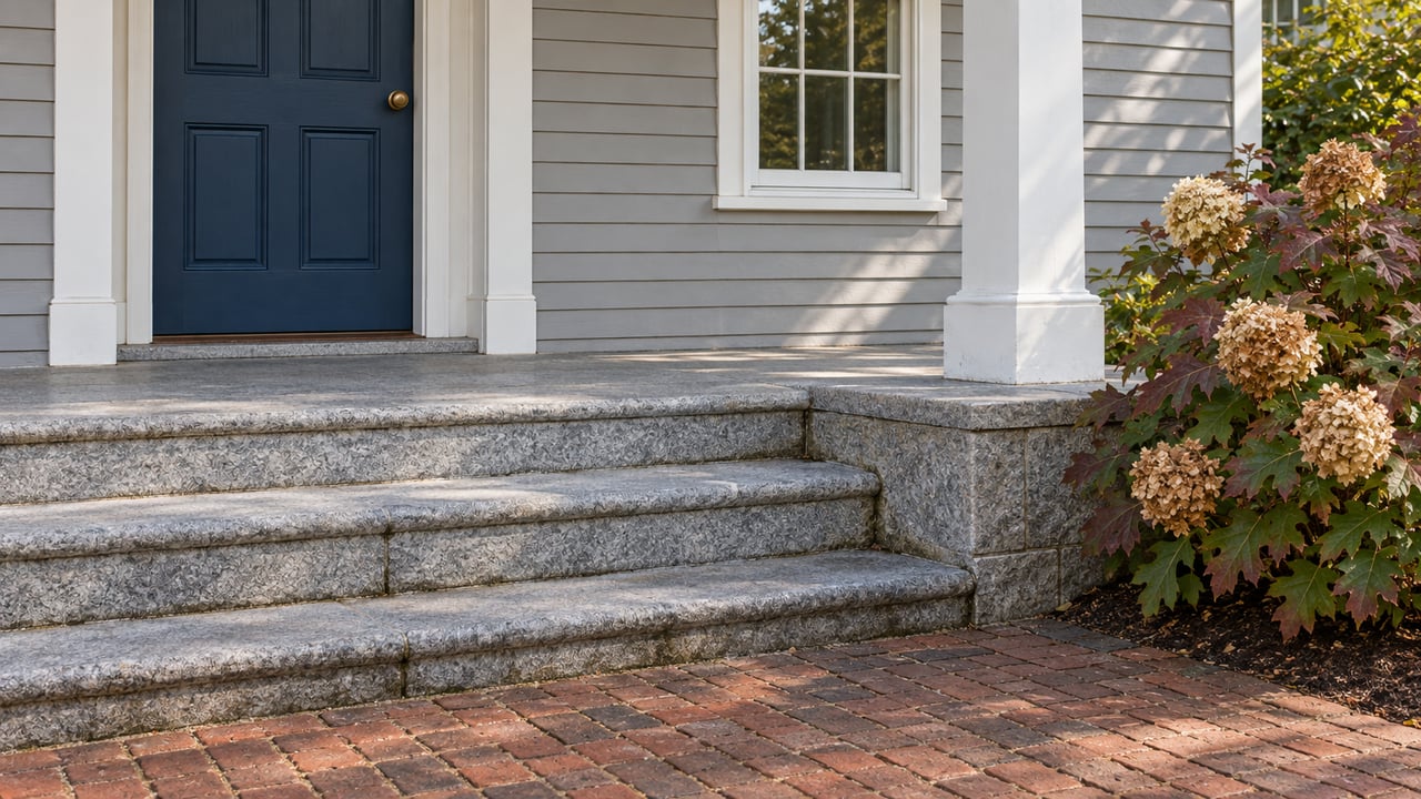 Sunlit granite entrance steps, a blue front door and white porch column beside an oakleaf hydrangea.