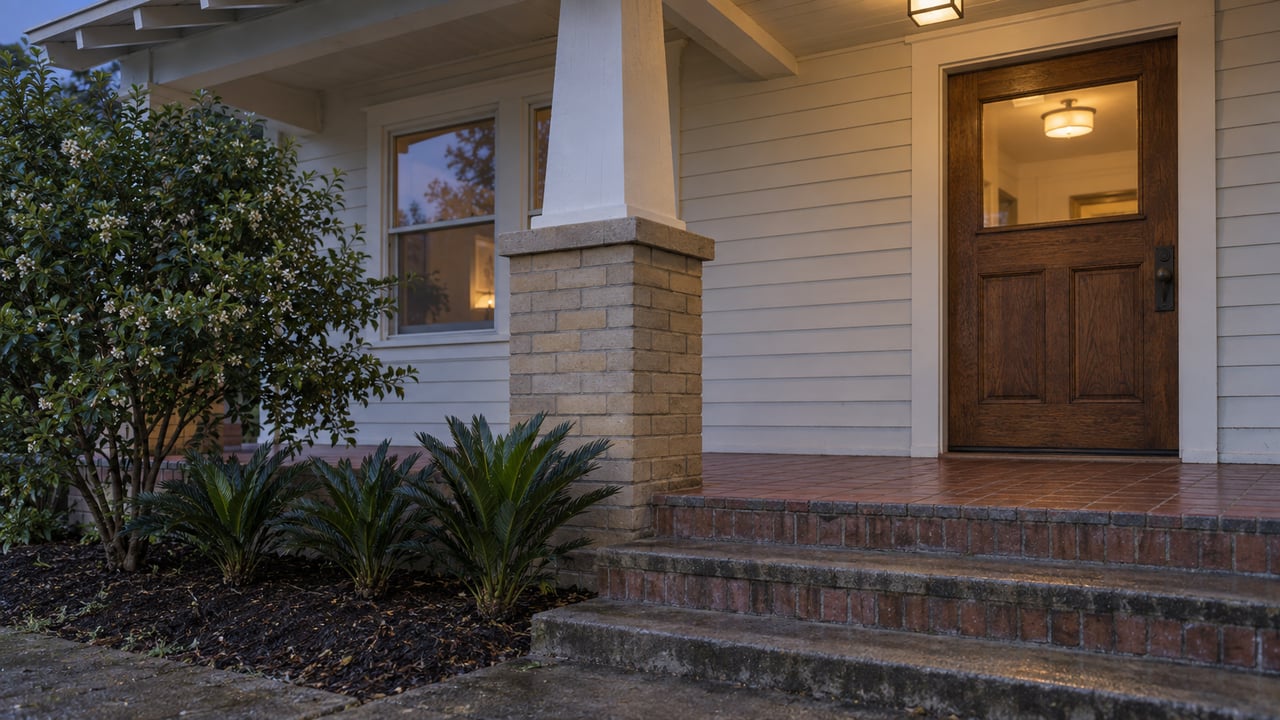 Bungalow porch with a paneled oak door, brick steps, and a warm glow behind the glass.
