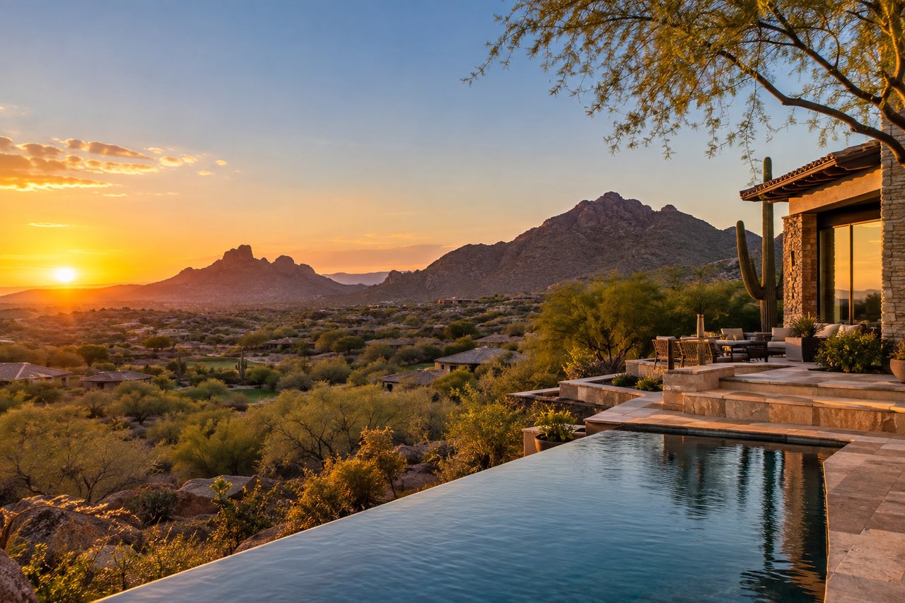 Desert home patio with an infinity pool overlooking mountains at sunset.