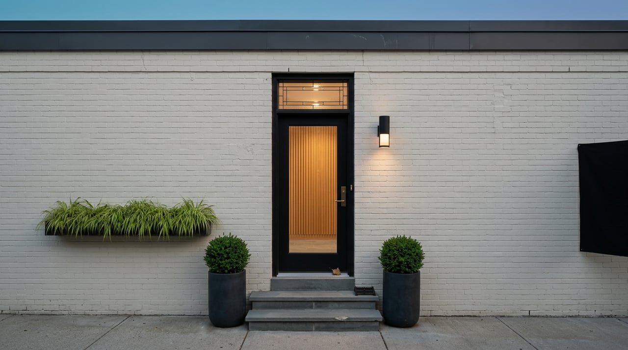Black glass-paneled entry door in an off-white brick facade, flanked by potted boxwood and bluestone steps.