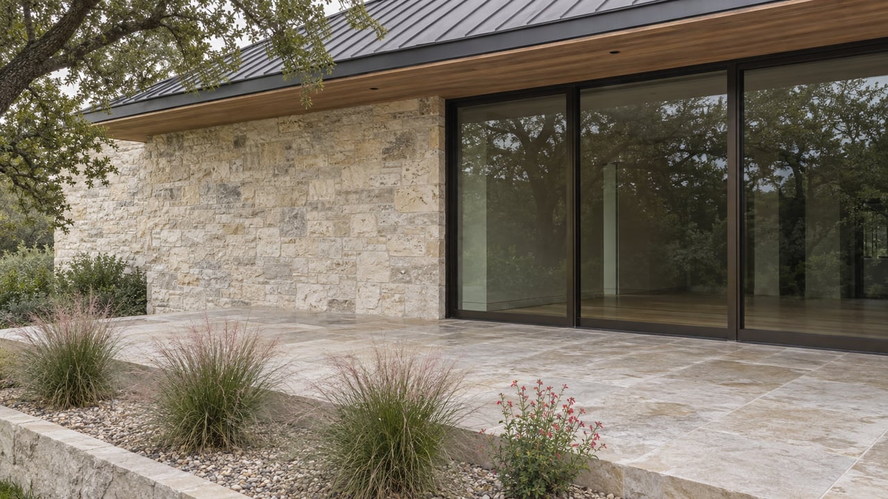 Limestone home with bronze-framed glass doors opening onto a paver terrace beside oak and grasses.