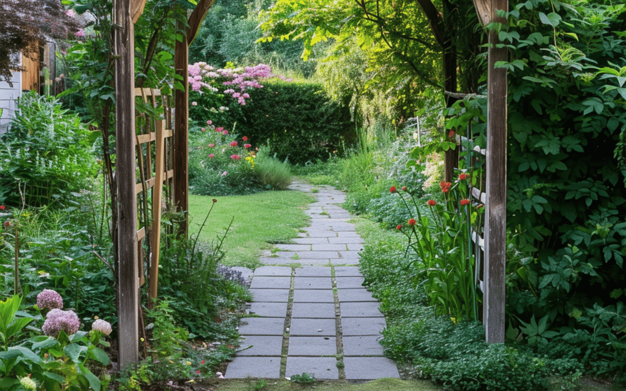 Garden path beneath a wooden arbor, bordered by lush foliage and colorful flowers.