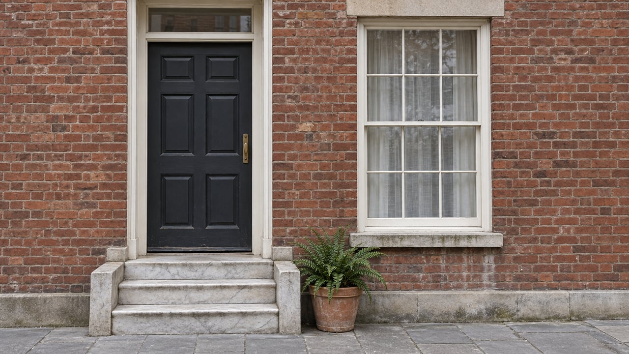 Weathered brick townhouse entrance with a charcoal door, glazed transom, tall sash window and foot-worn marble steps.
