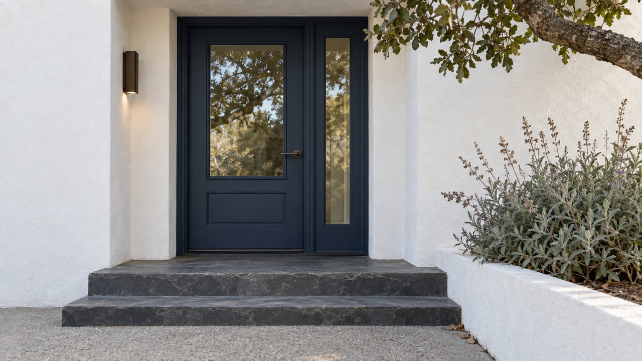 A recessed navy glazed front door in white stucco above worn charcoal slate steps, framed by a live oak branch and a small sage planter.
