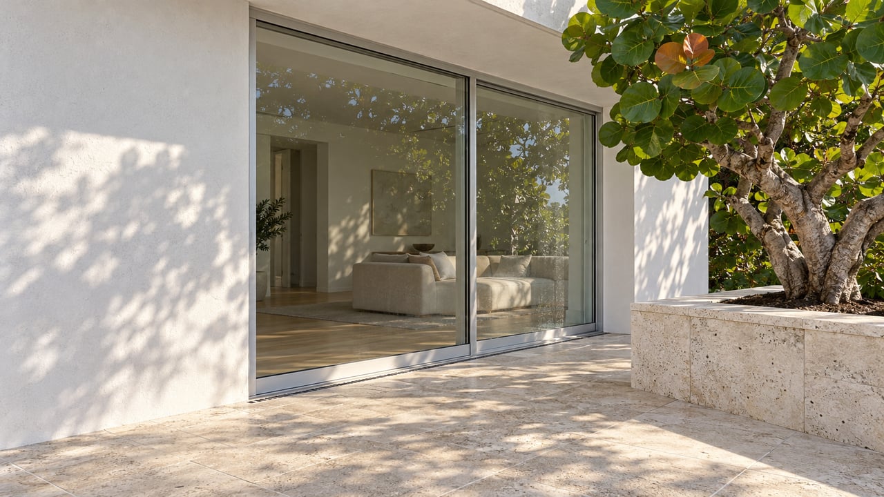 Morning light on a limestone terrace beside closed glass sliders, white stucco and a sculptural sea grape tree in a raised stone planter.
