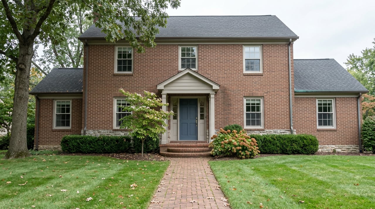 Two-story red-brown brick home with white trim, blue front door, brick walkway, and oak leaves scattered on the steps.
