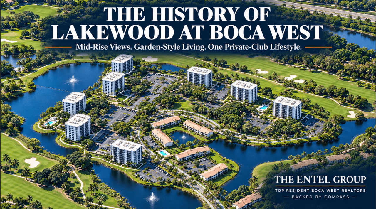 A polished aerial view of Lakewood at Boca West in Boca Raton, showing the community’s mid-rise buildings, garden-style condominiums, lakes, landscaped grounds, and surrounding golf-course setting.