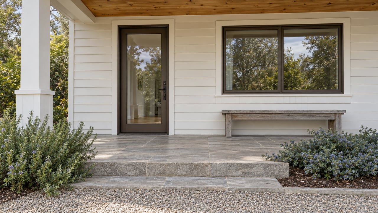 Warm-white cottage porch with a wood ceiling, bronze-framed entry, stone steps and rosemary beside a weathered oak bench.