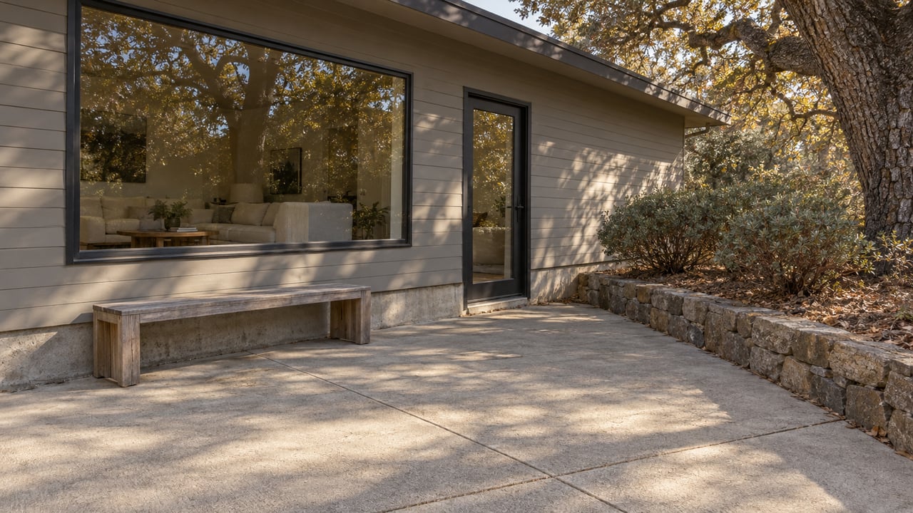 Late-afternoon light on a gray-sided home's terrace, with a cedar bench, black-framed glazing and an oak beside a stone-edged planting bed.