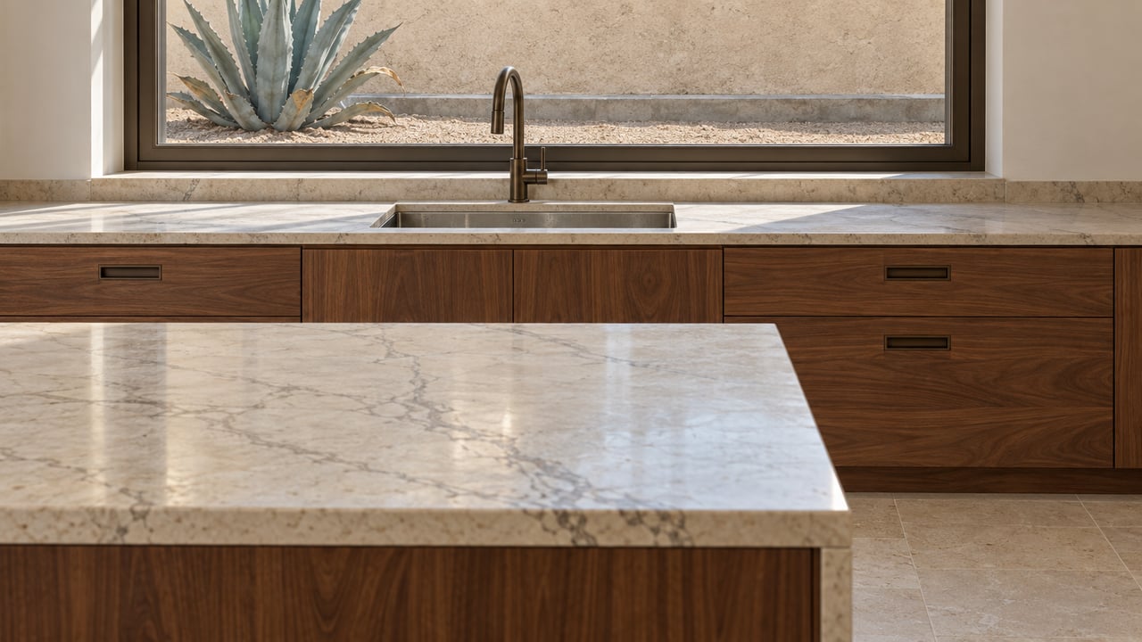 Sunlit kitchen with a veined cream stone island, walnut cabinetry and a bronze-framed window overlooking an agave and stucco courtyard wall.