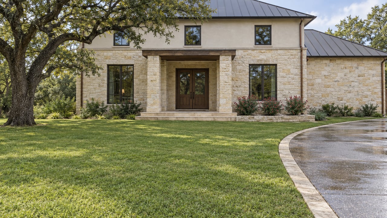 Limestone and pale stucco home behind a broad lawn, with a mature live oak, recessed timber entry and curved aggregate driveway after rain.