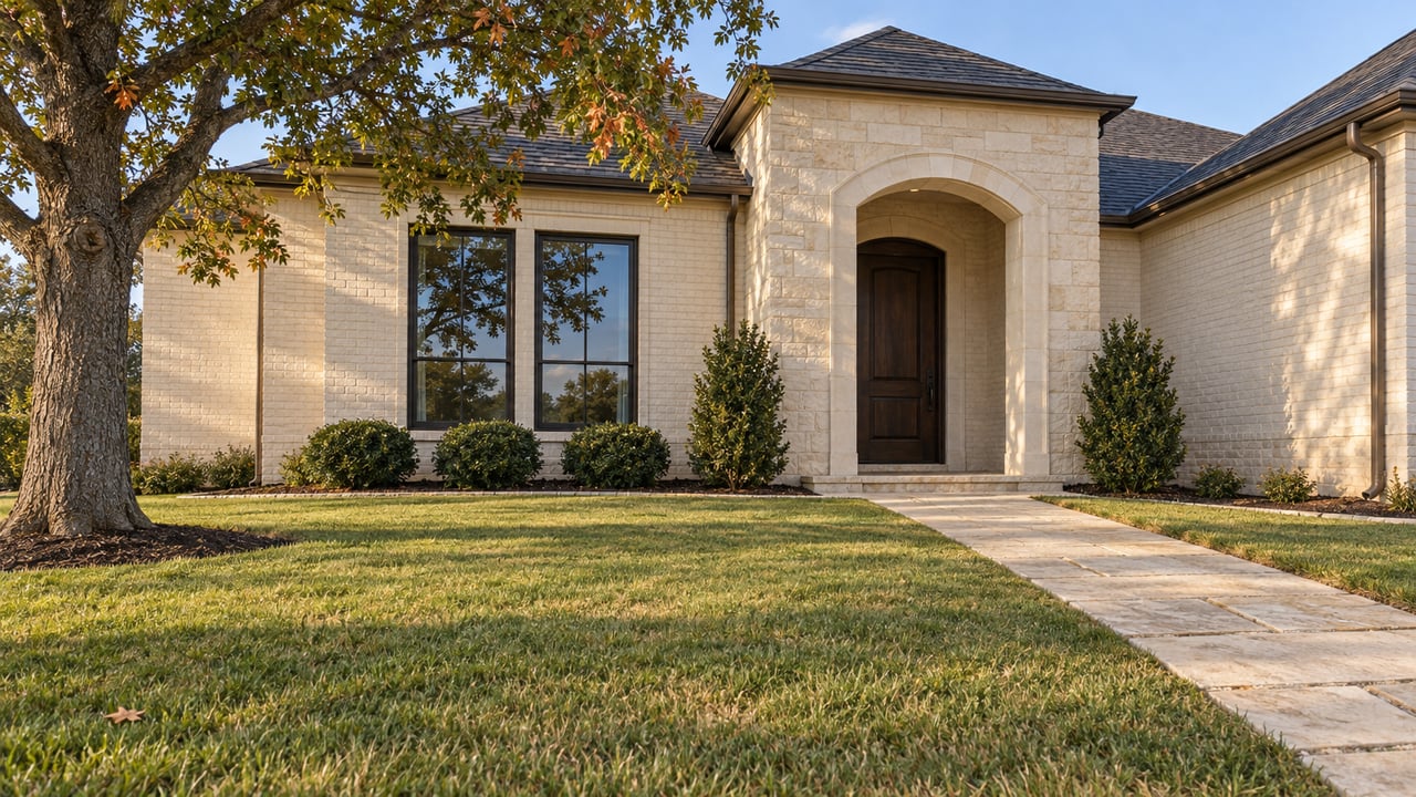 Ivory brick home with an arched limestone entry, dark windows, a broad lawn, and a mature oak in afternoon light.