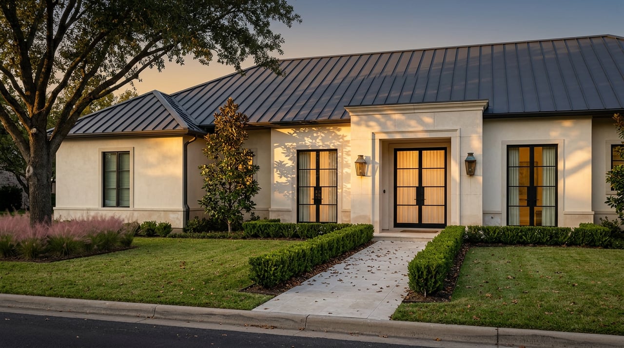 Luxury home's plaster and limestone facade, with glowing French doors, a paver walkway, and mature oak at dusk.