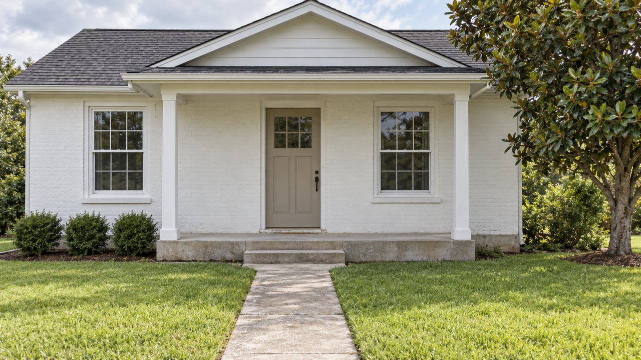 Small white gabled house with paired windows, a covered central entry, a deep front lawn and a magnolia beside the porch.