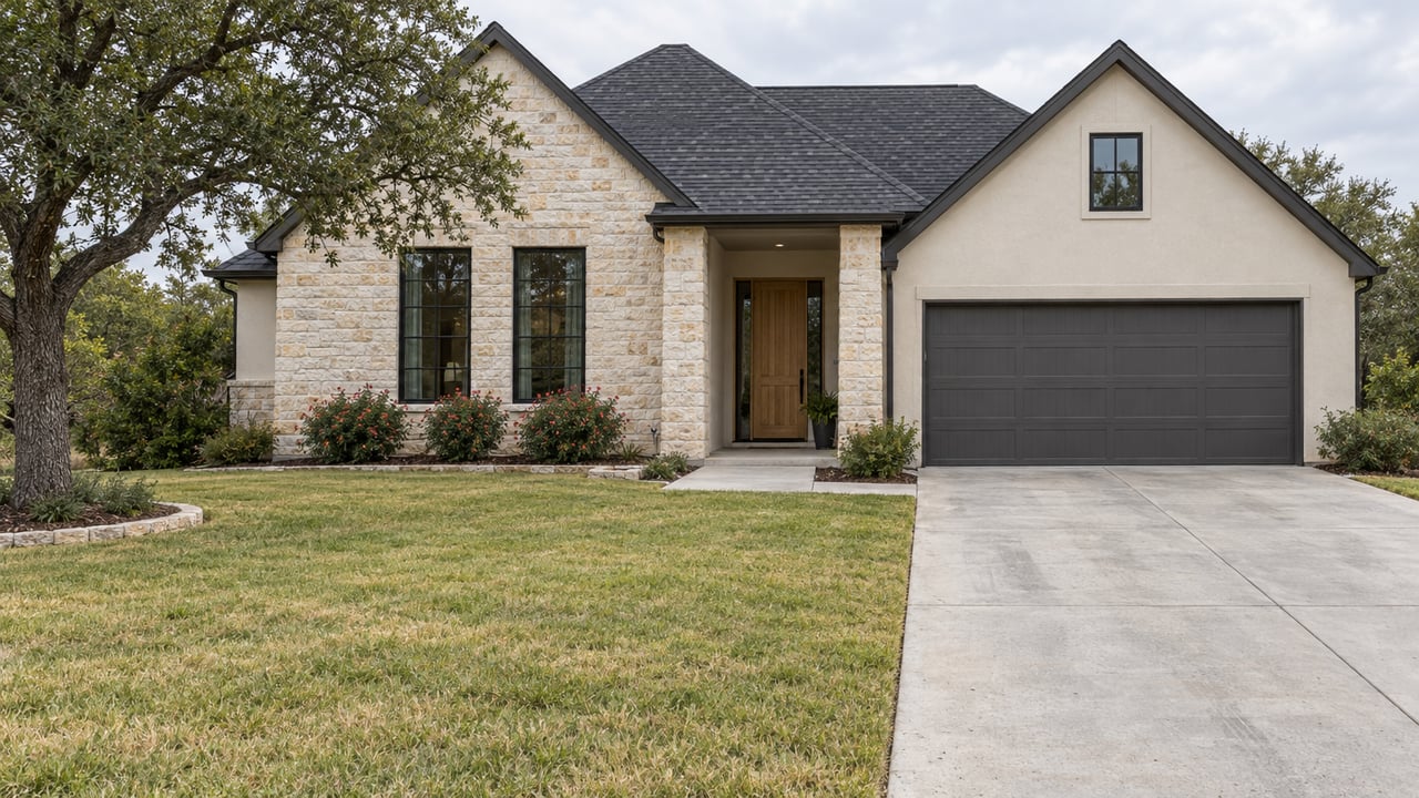 Limestone and light-stucco home with black-framed windows, a broad driveway and an established oak beside a deep front lawn.