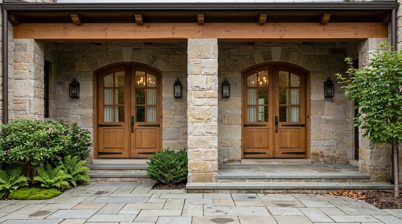 Two townhome entries with stone arches, timber beam, arched wood doors, and a planted bluestone courtyard.