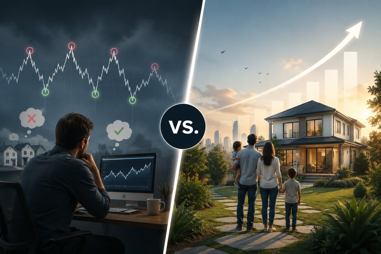 Split image comparing timing the real estate market with long-term homeownership and building equity in San Carlos.