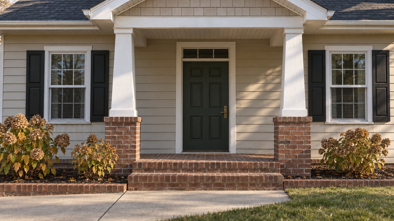 Covered front entry of a beige suburban home, with white porch posts, brick steps and hydrangeas carrying dried autumn flower heads.