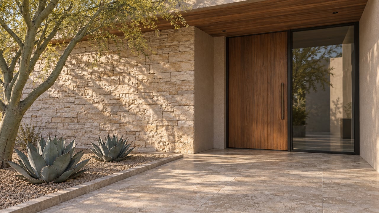 Sunlit limestone and walnut entry beneath a deep wood soffit, beside a blue palo verde and two compact agaves in a gravel bed.