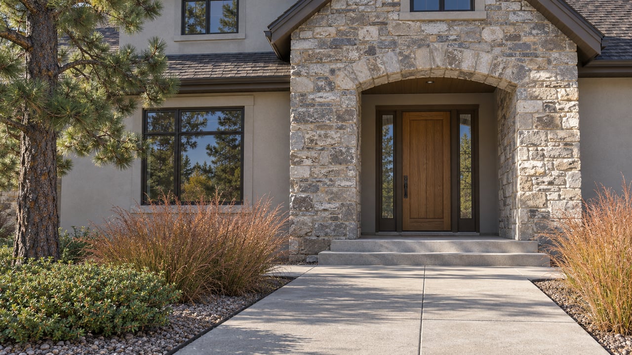 Detached home with a stone entry arch, recessed oak door, concrete steps, and russet grasses beneath a pine.