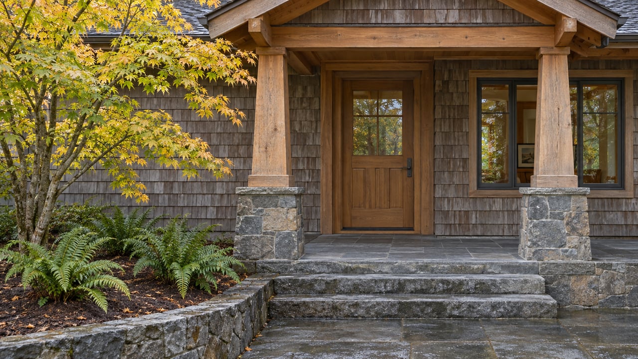Weathered cedar-shingle home with a sheltered timber porch, basalt steps, a vine maple and sword ferns in soft autumn light.
