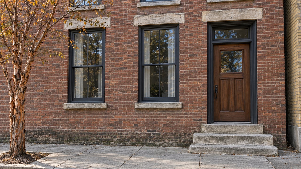 Historic brick townhouse facade with a walnut door, two tall windows, limestone steps, and a copper-barked tree.