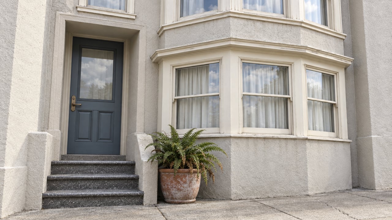 Cloud-filtered daylight on a pale stucco home's window bay, blue-gray front door, worn terrazzo steps and a sword fern in a terracotta planter.