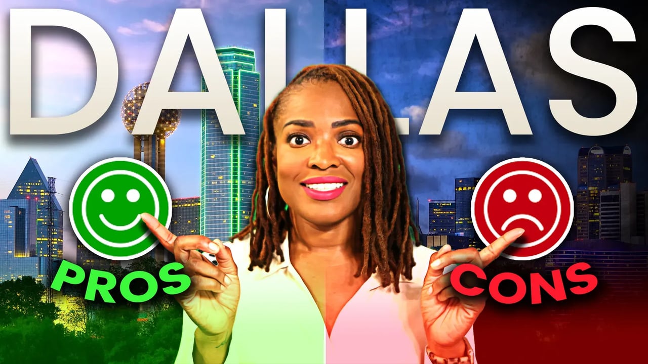 Dallas pros and cons graphic with a woman pointing to green and red faces against the city skyline.