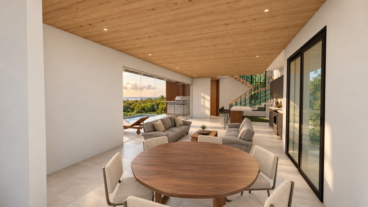 Open-plan dining and living area with a timber ceiling, sliding glass doors, and an ocean view.