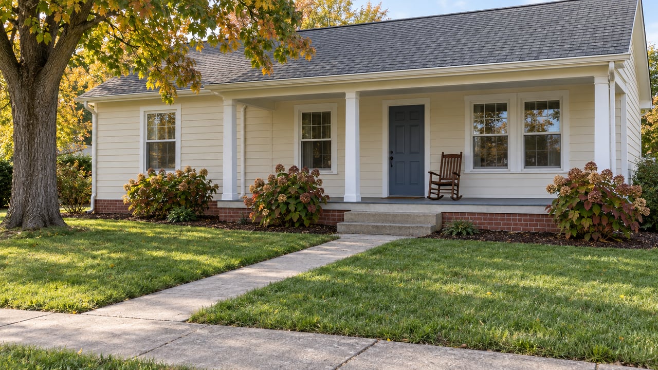 Ivory-sided cottage with a covered porch, deep green front lawn, concrete approach and an autumn-tinted maple.