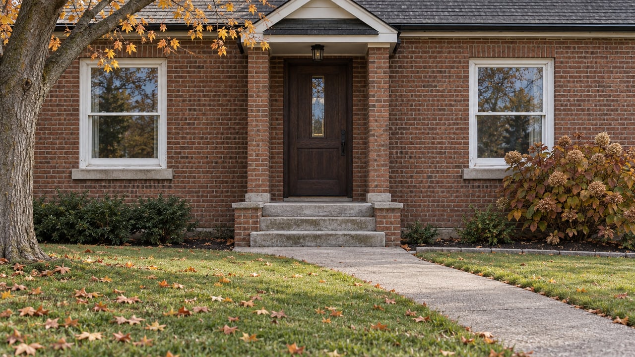 An established brick home with paired sash windows, worn limestone entry steps and an autumn maple beside the front lawn.