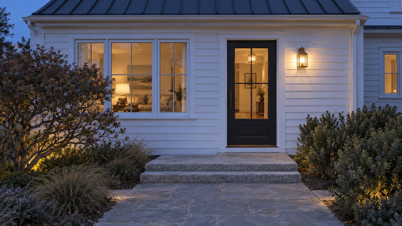 White clapboard coastal house entry with a lit brass sconce, glowing window, stone steps, and shrubs.