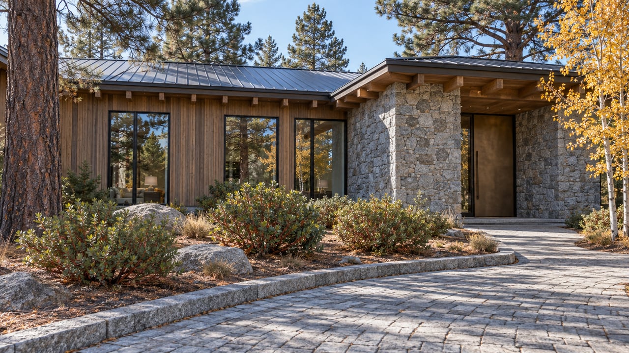 Autumn light on a cedar-and-granite home with black-framed windows, a curved stone approach, mature pines, and a golden-leaved aspen.