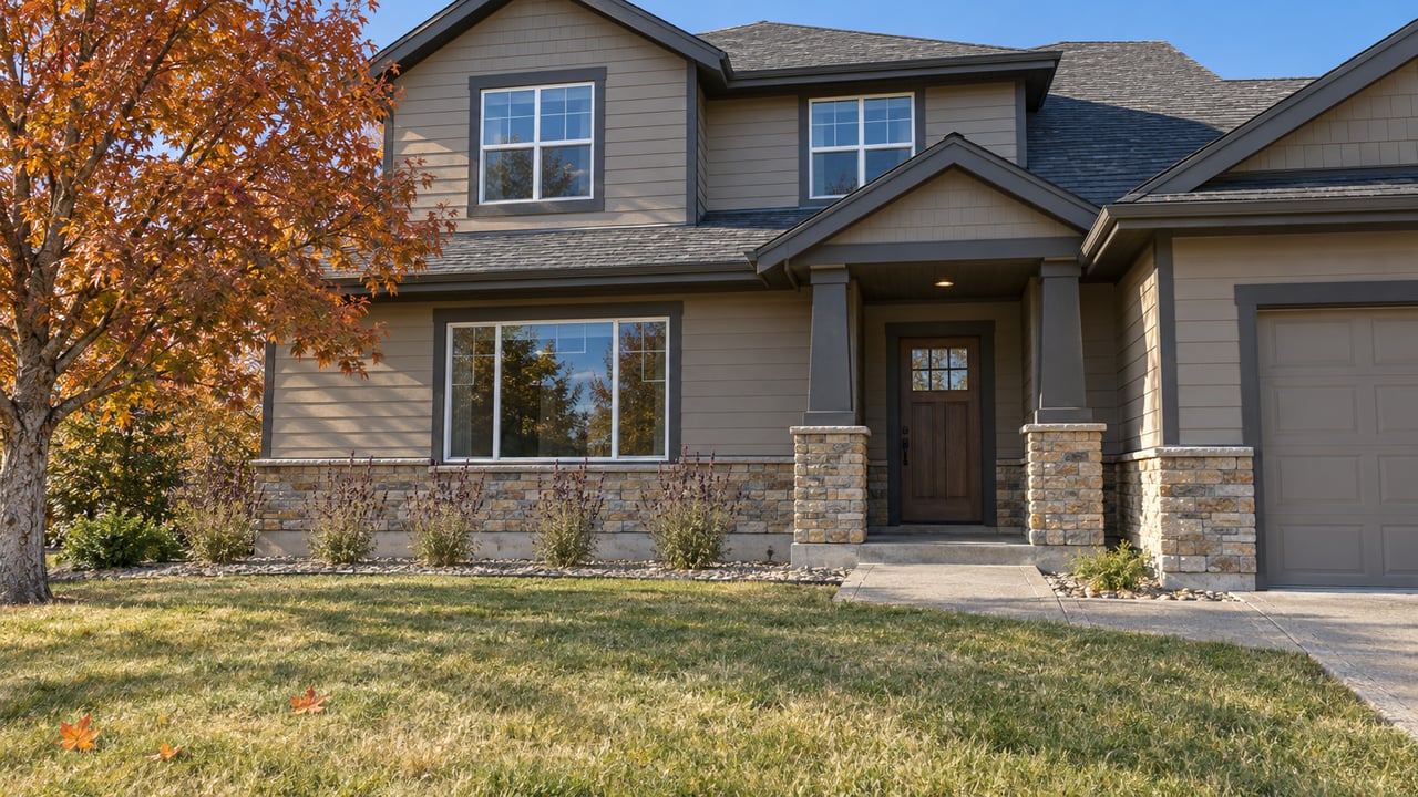 Taupe gabled home with stone entry columns, a deep front lawn, and a rust-orange maple in clear autumn morning light.