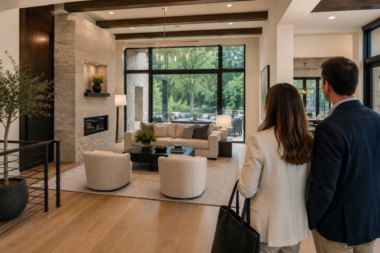 Luxury homebuyers touring an upscale property, representing the benefits of Compass Private Exclusives and early access to select homes before they reach the public market.