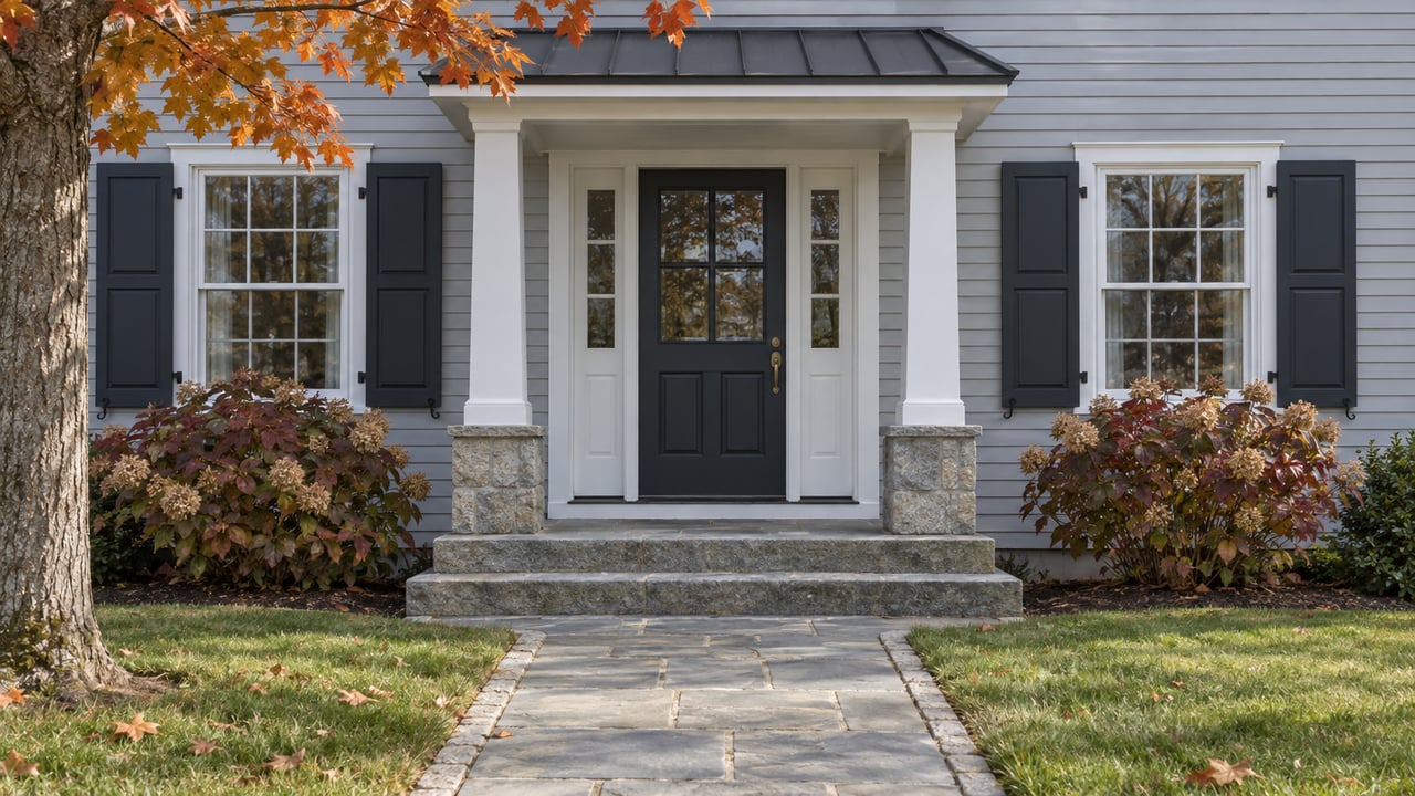 Gray clapboard house entry with a white timber portico, dark shutters, granite steps and autumn foliage.